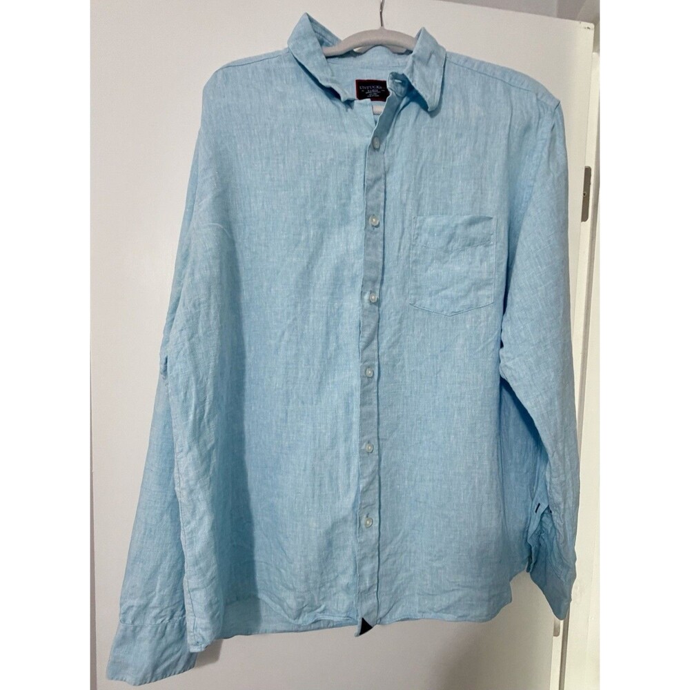 UNTUCKit Mens L Aqua Blue Button Up Linen Shirt Pocket Collared Casual